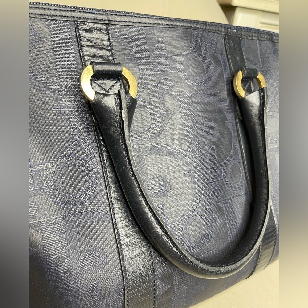 Vintage Christian Dior Coated Canvas Boston Bag Diorissimo PVC Leather Navy Gold - Picture 5 of 11